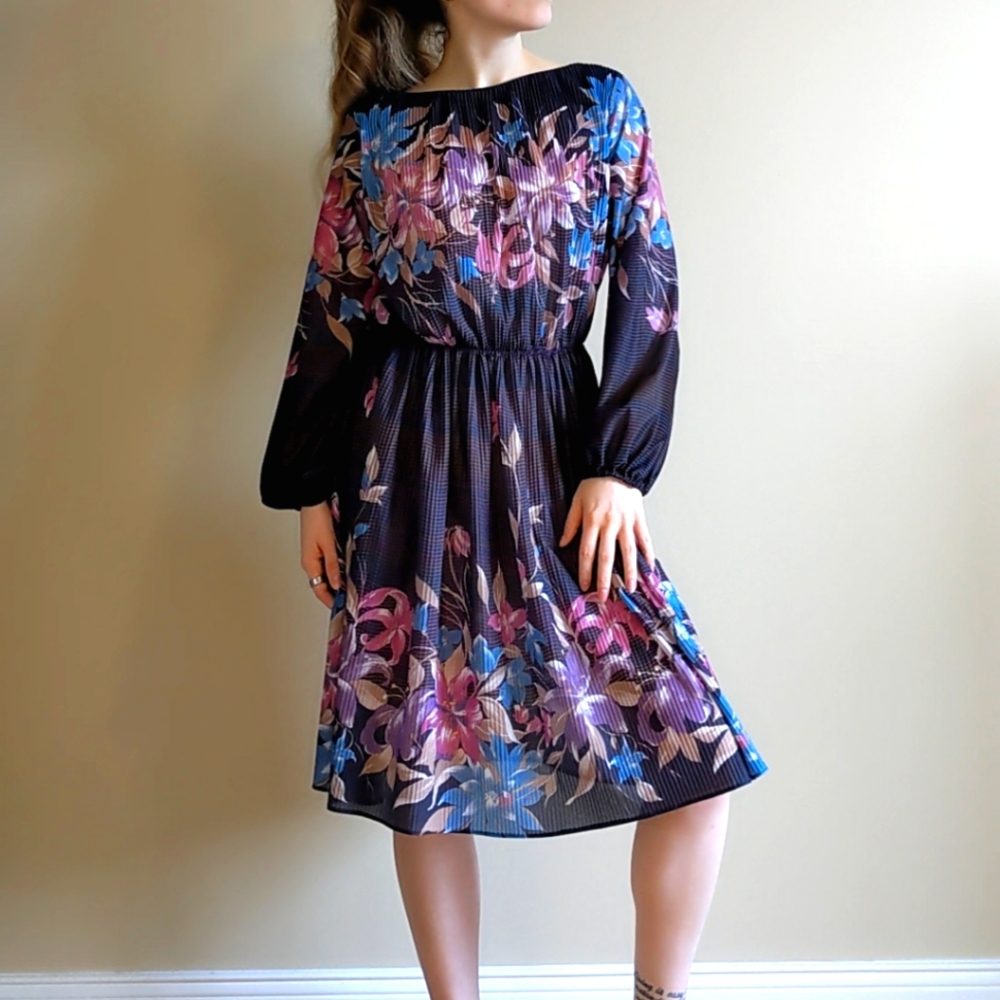 Vintage Blouson Floral Midi Dress